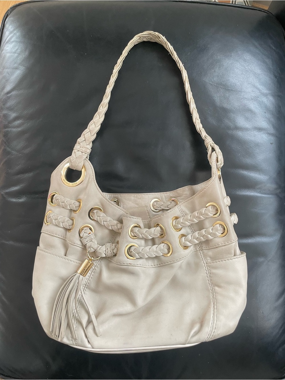 MICHAEL Michael Kors Cream Braided-Handle Shoulder Bag with Gold Hardware